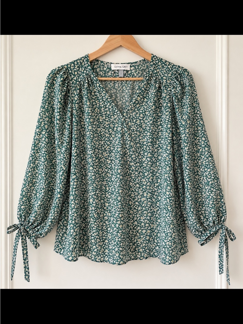Olivia Grey Green Floral Tie-Sleeve V-Neck Blouse